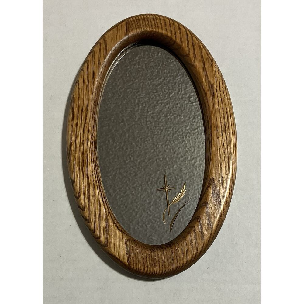 Vtg Small Oval Oak-Framed Mirror Christian Harvest of Souls Cross Wheat Stalks